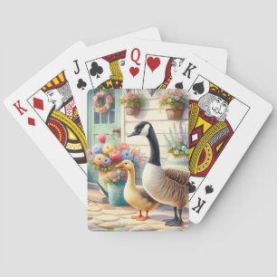 Illustration von Gänsen im Cottage-Garten im Frühl Spielkarten