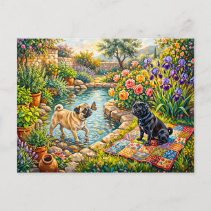 Illustration von Launenhaften Cottage-Garten-Teich Postkarte