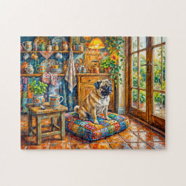 Illustration von Mopsen am Küchenfenster im Cottag Puzzle