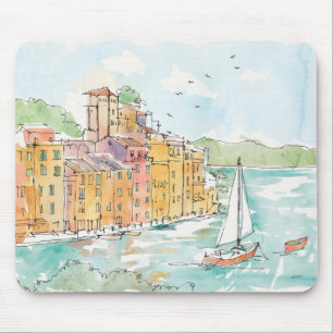 Illustration von Porofino Hafen mit Segelboot Mousepad