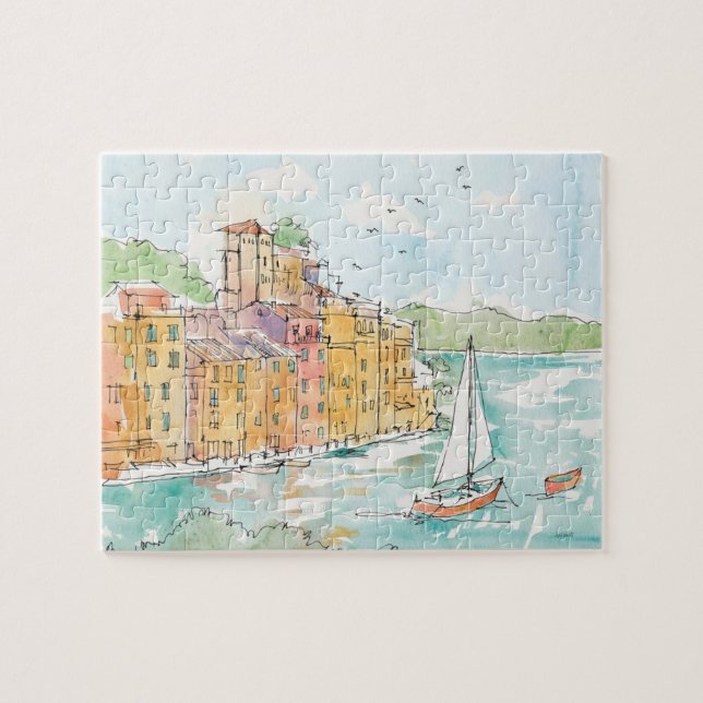 Illustration von Porofino Hafen mit Segelboot Puzzle (Horizontal)