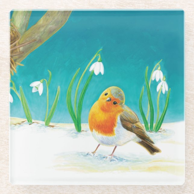 Illustration von Red Robin Bird und Snowdrops Glasuntersetzer (Vorderseite)