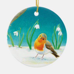 Illustration von Red Robin Bird und Snowdrops Keramik Ornament