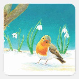 Illustration von Red Robin Bird und Snowdrops Quadratischer Aufkleber