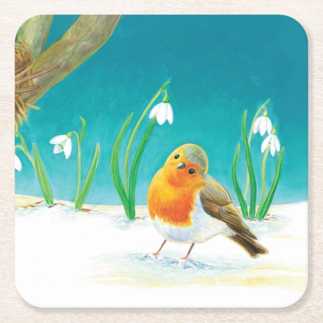 Illustration von Red Robin Bird und Snowdrops Rechteckiger Pappuntersetzer (Vorderseite)