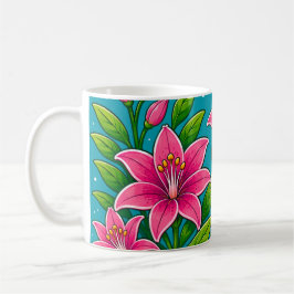 Illustration von rosa Lilienblumen mit grünem Laub Kaffeetasse