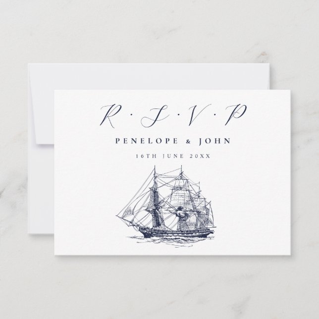Illustration von Schiffen: Hochzeit in Urlaubsort RSVP Karte (Vorderseite)