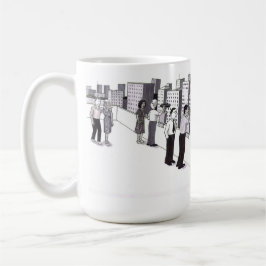 Illustration von sechs Menschen auf dem Dach einer Kaffeetasse