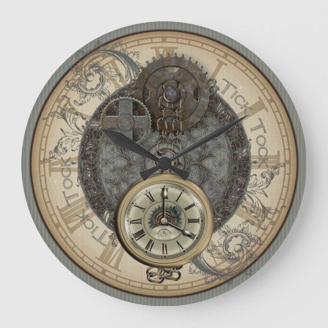 Illustration von Steampunkrusken und Pocket Watch Große Wanduhr (Vorderseite)