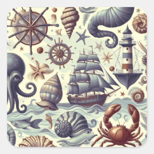 Illustration von Vintage-Nautik und Meeresleben Quadratischer Aufkleber