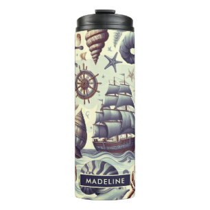 Illustration von Vintage-Nautik und Meeresleben Thermosbecher