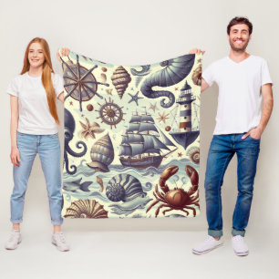 Illustration von Vintage-Nautik und Meereslebewese Fleecedecke