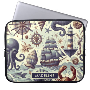 Illustration von Vintage-Nautik und Meereslebewese Laptopschutzhülle