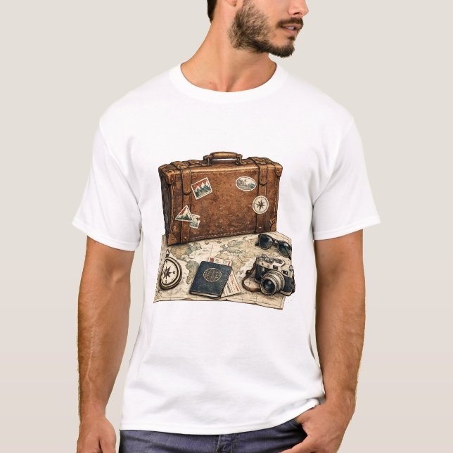 Illustration von Vintage-Reiseessentials T-Shirt (Vorderseite)