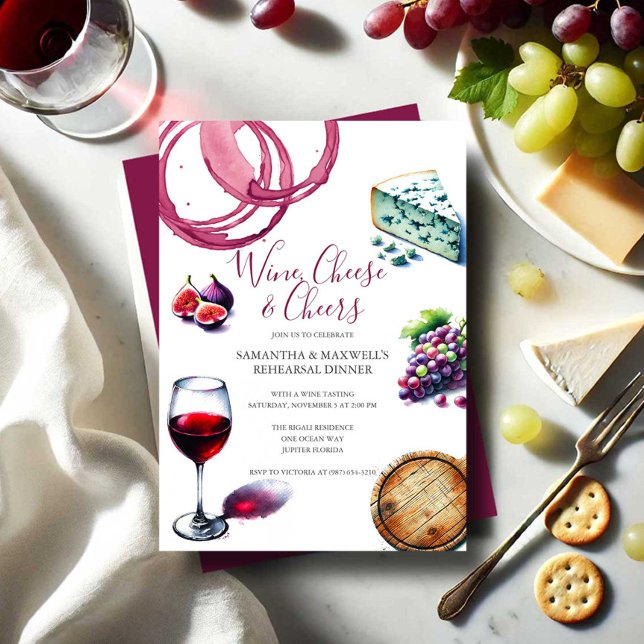 Illustration von Wein und Käse Probe Abendessen Einladung (Rehearsal dinner invitations with watercolor wine and cheese charcuterie theme.)