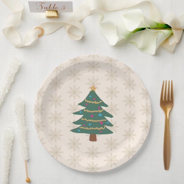 Illustration Weihnachtsbaum Schneeflockenmuster Pappteller (Hochzeit)