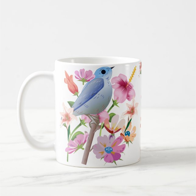 Illustration zu Vögeln und Frühlingsblumen Kaffeetasse (Links)