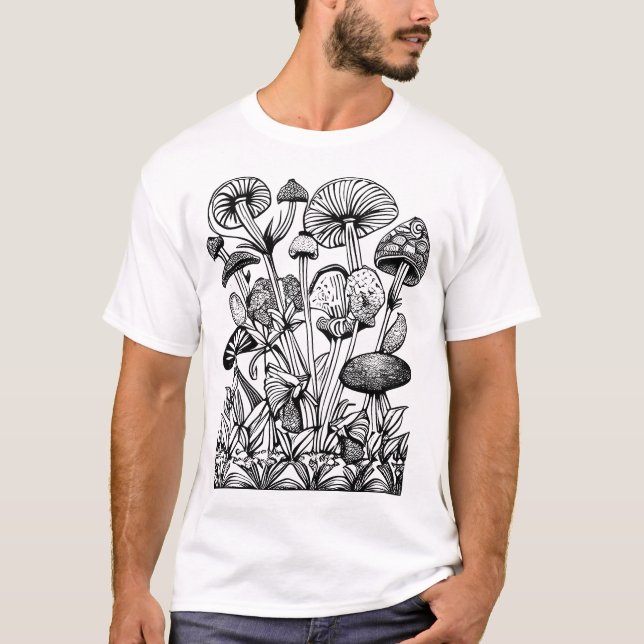 Illustration zum Färben von Blumen und Pilzen T-Shirt (Vorderseite)