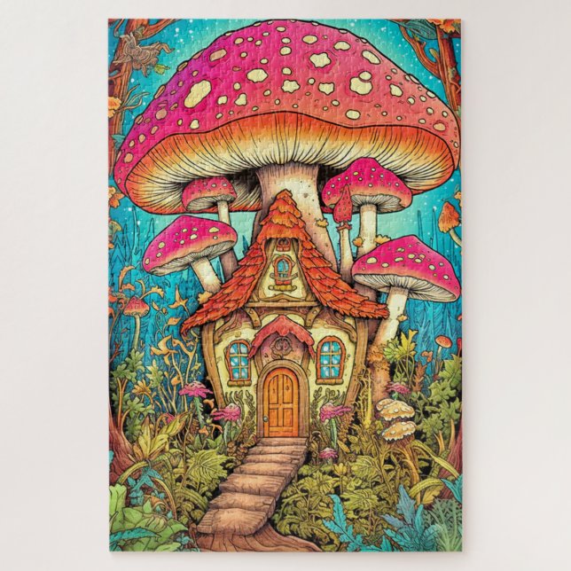 Illustration zum niedlichen Mushroom House Puzzle (Vertikal)