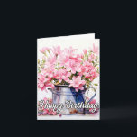 Illustration zur Blume der Springtime Lily Karte<br><div class="desc">Diese wirklich elegante Geburtstagskarte zeigt einige blühende Lilienblüten in einem Metallhaken. Bitte passen Sie alle verfügbaren Optionen an,  wie Sie möchten.</div>