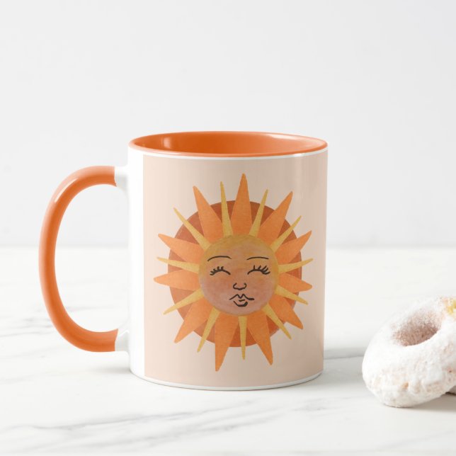 Illustration zur Sonnenfront Orange Wasserfarbe Tasse (Mit Donut)
