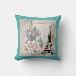 Illustration zur Vintagen Blume Collage & Eiffeltu Kissen