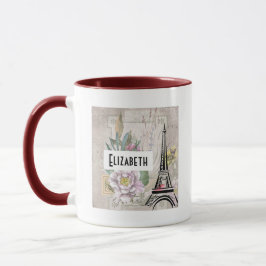 Illustration zur Vintagen Blume Collage & Eiffeltu Tasse