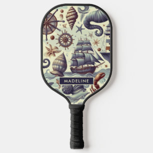 Illustration zur Vintagen nautischen Meereswelt Pickleball Schläger