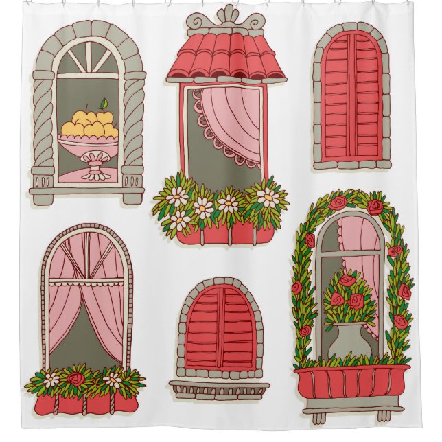 Illustrationen mit Vintagen Windows: Künstlerisch. Duschvorhang (Vorderseite)