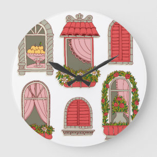 Illustrationen mit Vintagen Windows: Künstlerisch. Große Wanduhr