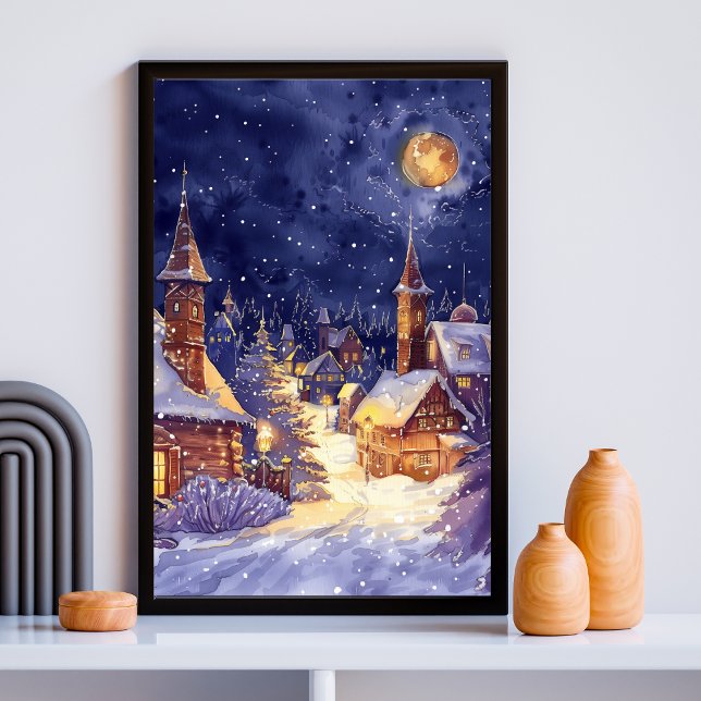 Illustrative des Xmas Village in der Schneenacht Poster (Von Creator hochgeladen)