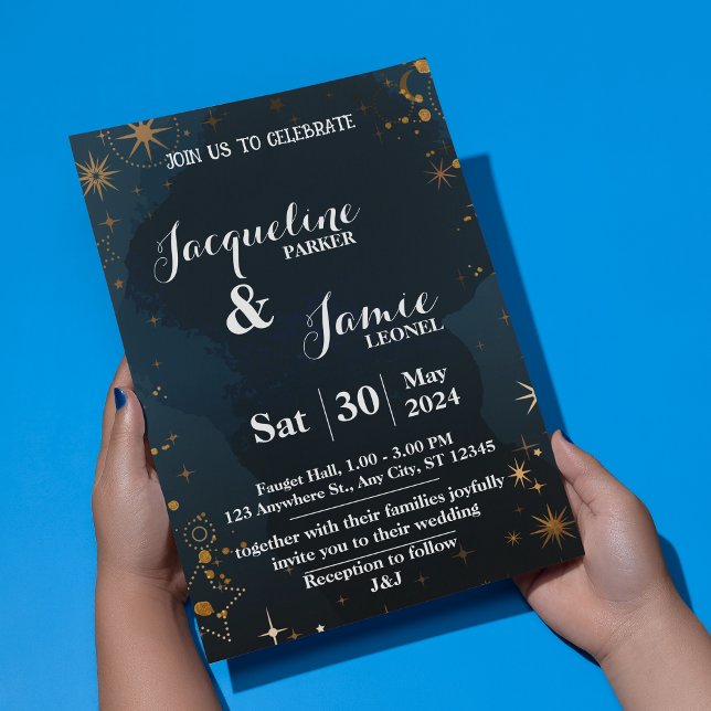 Illustrative Hochzeit zwischen Marine und Black Ni Einladung (Navy and Black Night Sky Illustrative Wedding Invitation)