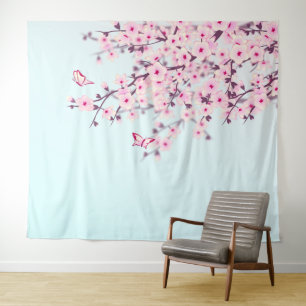 Illustrative Landschaft mit rosa Kirschblüten Wandteppich