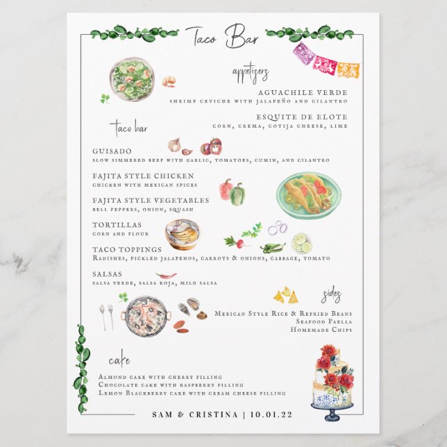 Illustriert Bespoke | Taco Bar Wedding Menu Menükarte (Vorderseite)