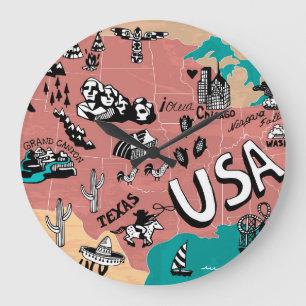 ILLUSTRIERT in den USA: farbenfrohe Landkarte. Große Wanduhr