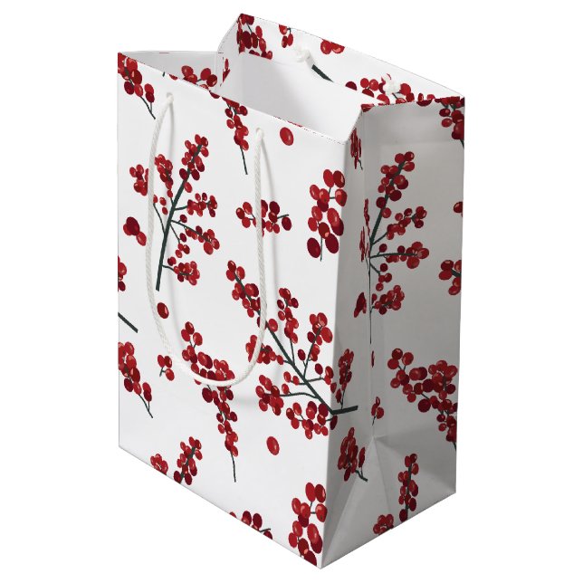 Illustriert Red Holly Berries Gift Bag Mittlere Geschenktüte (Rückseite Schrägansicht)