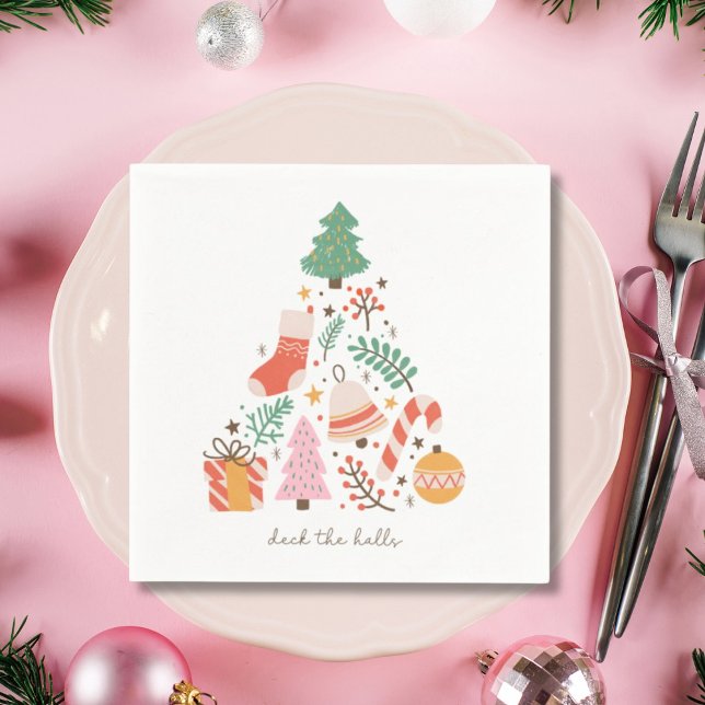 Illustriert Retro Weihnachts-Deck in den Hallen Serviette (Illustrated Retro Christmas Deck the Halls Napkins)