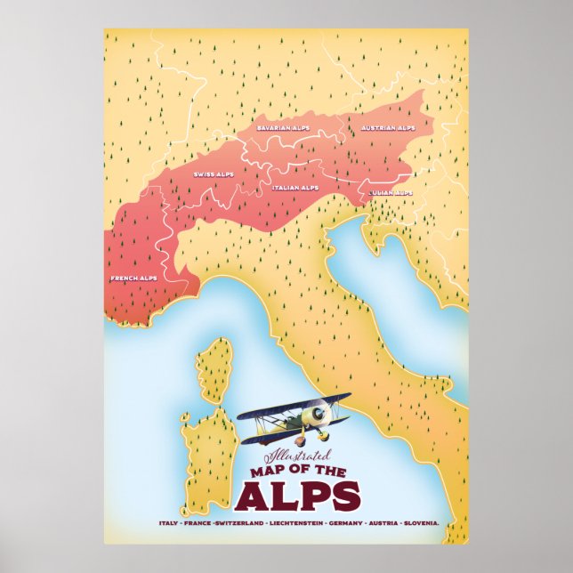 Illustrierte Alpenkarte Poster (Vorne)