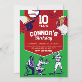 Illustrierte Baseball-Geburtstagsparty in Rot und Einladung
