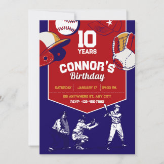 Illustrierte Baseball-Geburtstagsparty in Rot und Einladung