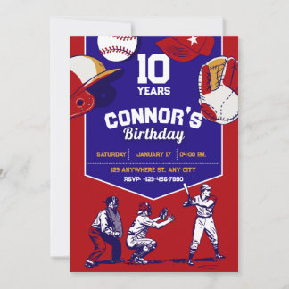 Illustrierte Baseball-Geburtstagsparty in Rot und  Einladung