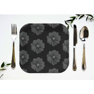 "Illustrierte Blume in Schwarz-Grau-Muster" Pappteller