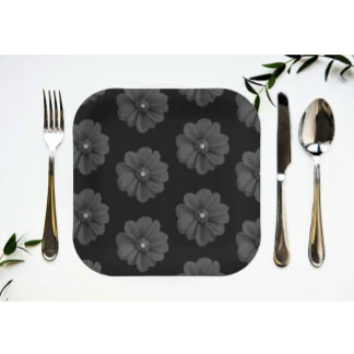 "Illustrierte Blume in Schwarz-Grau-Muster" Pappteller