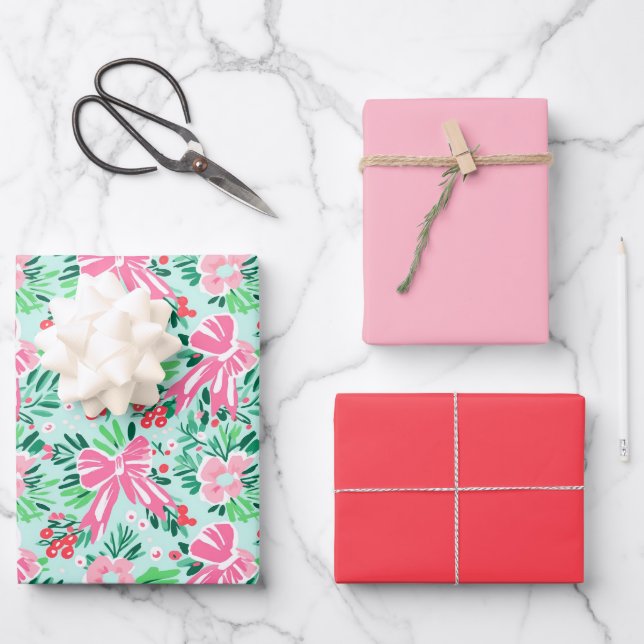 Illustrierte Coquette Bow Moderne rosa Geschenkwra Geschenkpapier Set (Vorderseite)