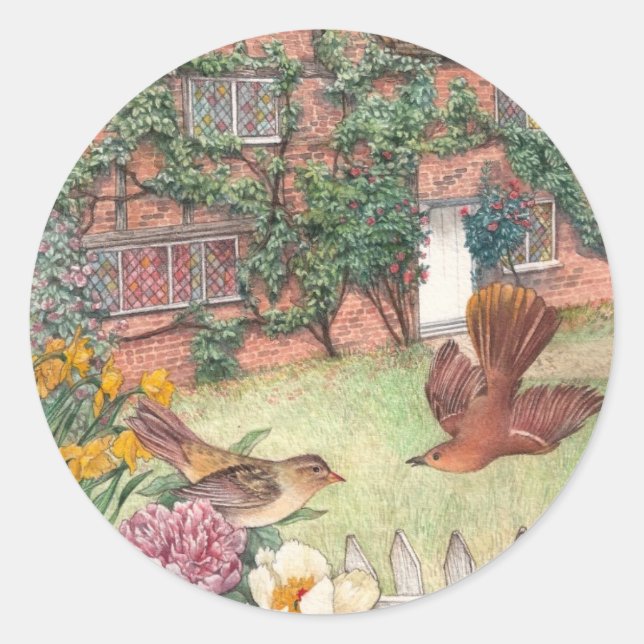 Illustrierte cotswolds Hütte Gartenlabel Runder Aufkleber (Vorderseite)