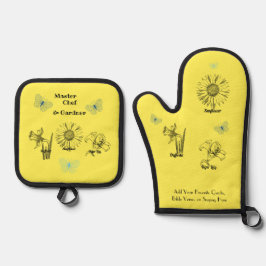 Illustrierte Gelbblumen Ofenhandschuh & Topflappen-Set