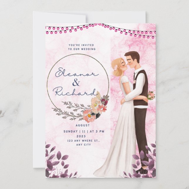 Illustrierte Hochzeit in Rosa Einladung (Vorderseite)
