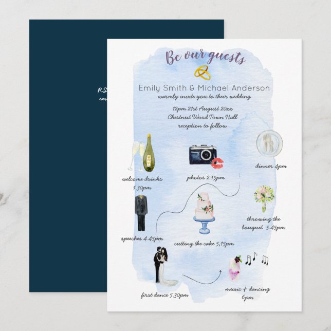 Illustrierte Hochzeitreise Einladung (Vorne/Hinten)