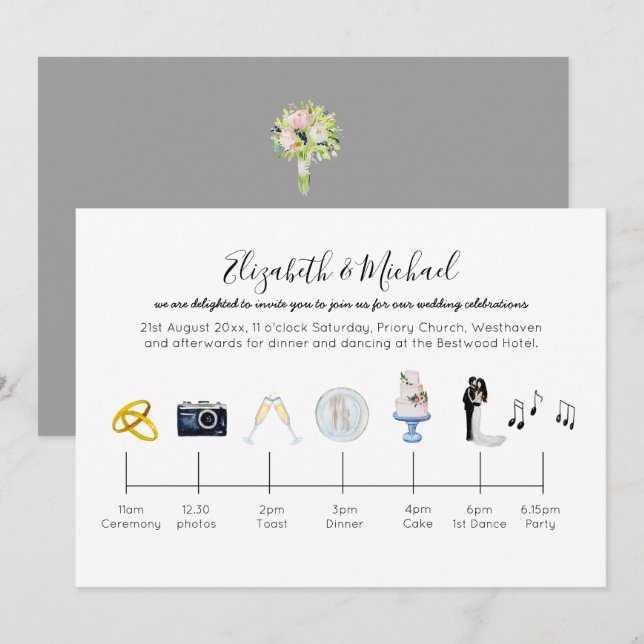 Illustrierte Hochzeitvorbereitung - Ikonen Spaß Einladung (Vorne/Hinten)