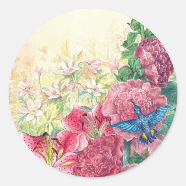 Illustrierte Hummingbird Fantasy Floral Runder Aufkleber (Vorderseite)